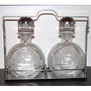 Hollywood Regency Acid Etched Crystal Liquor Tantalus Decanters & Caddy 3-Pc Set